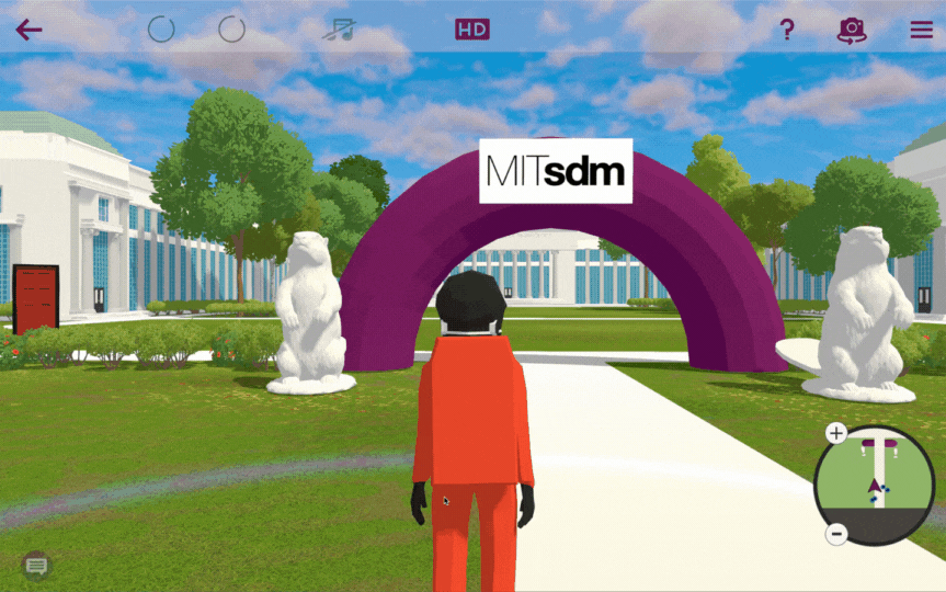 A person entering the virtual MIT campus during summer season and beginning to run